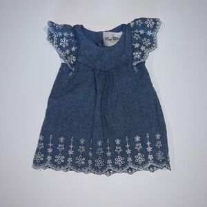 (6-9M) Rare Editions Blue Denim Baby Dress with White Floral Embroidery